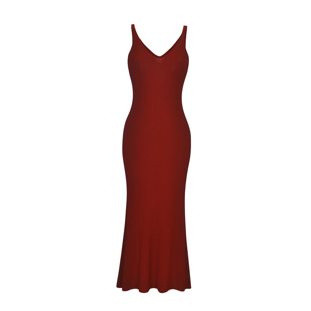 V neck Sweater Women Hot Maxi Knit Halter Sexy Dress 2022 Plain Dyed Pencil Spring Casual Dresses