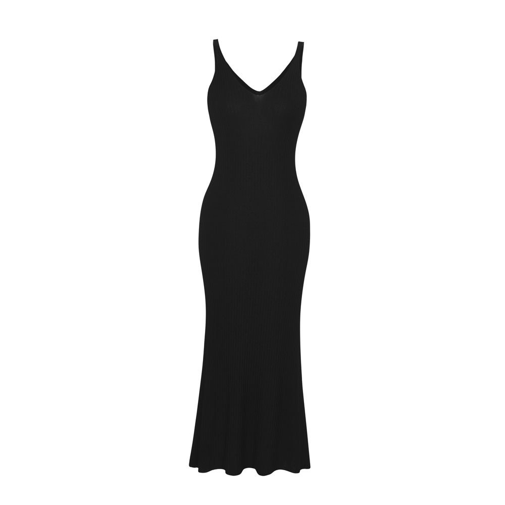 V neck Sweater Women Hot Maxi Knit Halter Sexy Dress 2022 Plain Dyed Pencil Spring Casual Dresses