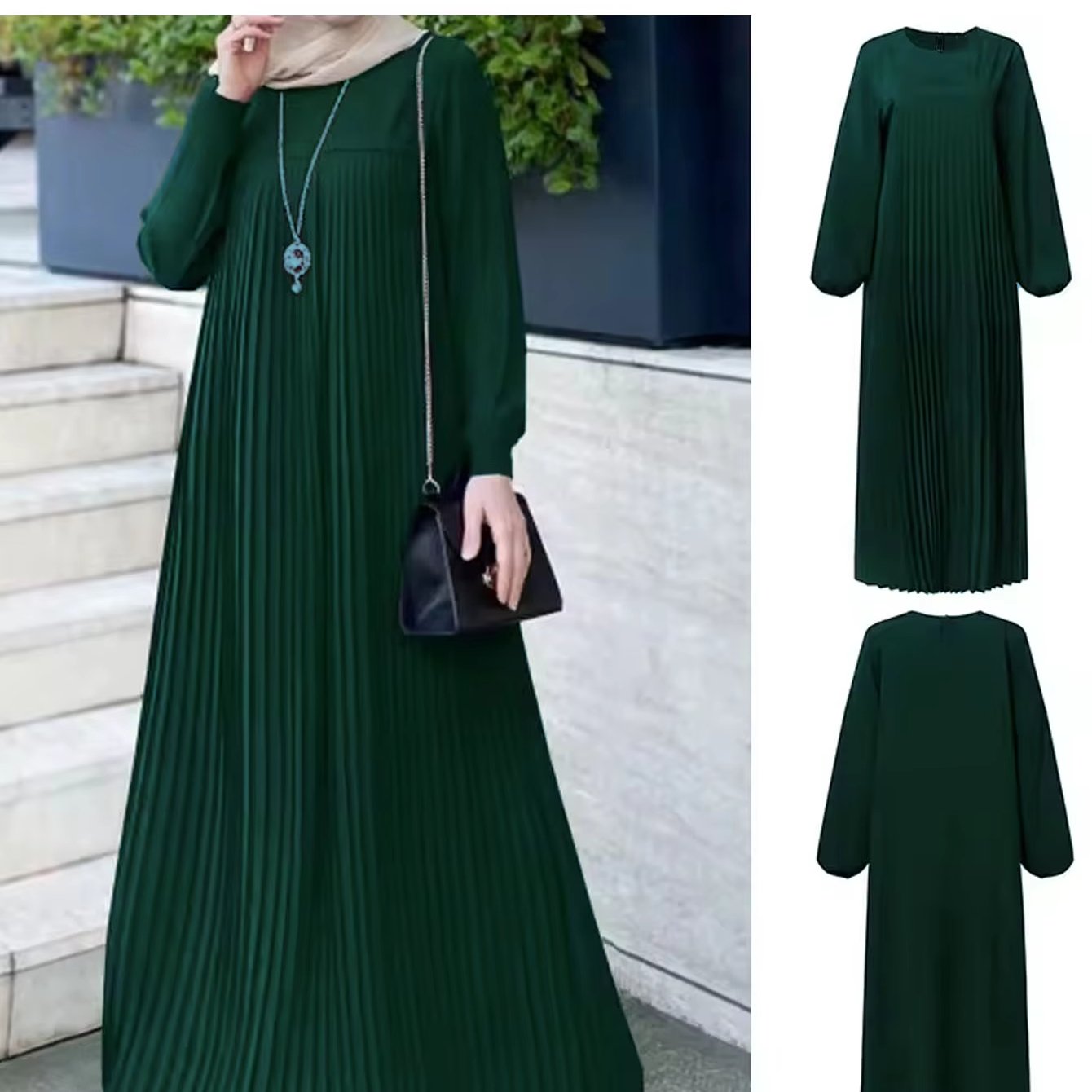 Wholesale Dubai Abaya Muslim Style Arab Pleated Dress Simple Solid Color Long Sleeve Pleated Design Muslim Dress