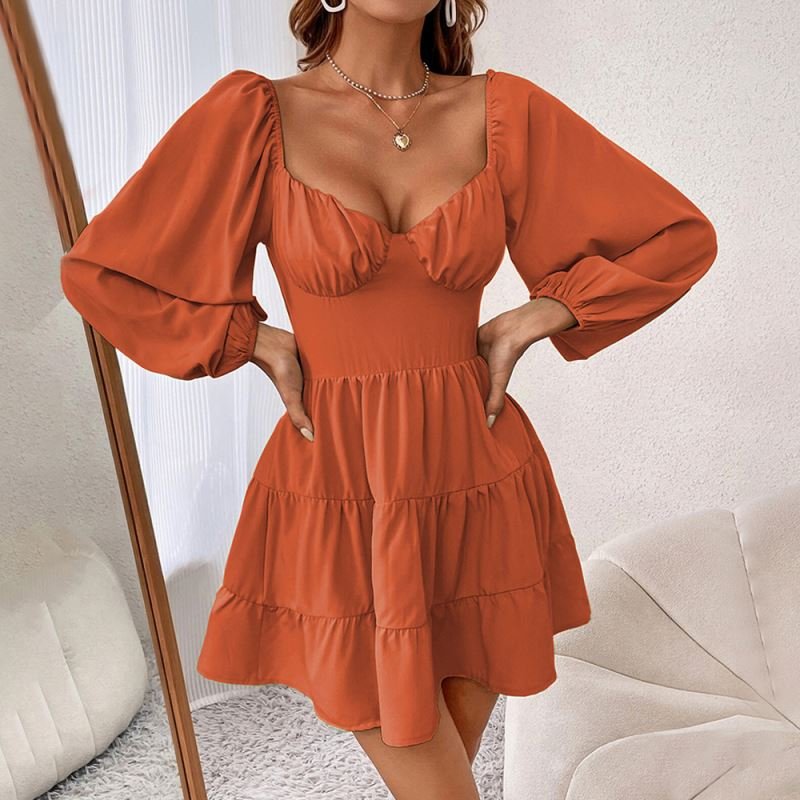 Hot sale Trim Open Back With Double Tie Fastening Casual Dress balloon long sleeve Trimming along neckline casual dress