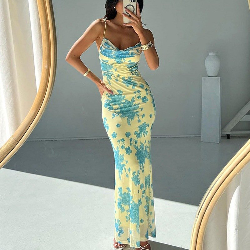 Hot Selling Elegant Silk Dress For Lady Sexy Ladies Floral Print Sleeveless Lace Up Bodycon Midi Dresses For Women