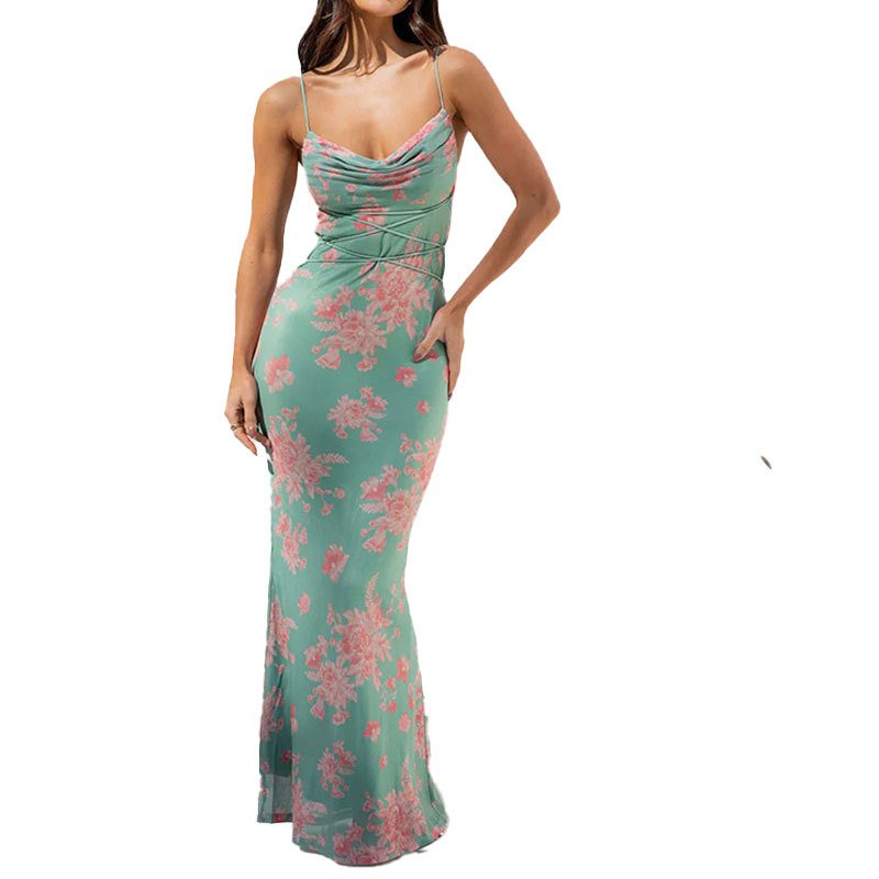 Hot Selling Elegant Silk Dress For Lady Sexy Ladies Floral Print Sleeveless Lace Up Bodycon Midi Dresses For Women