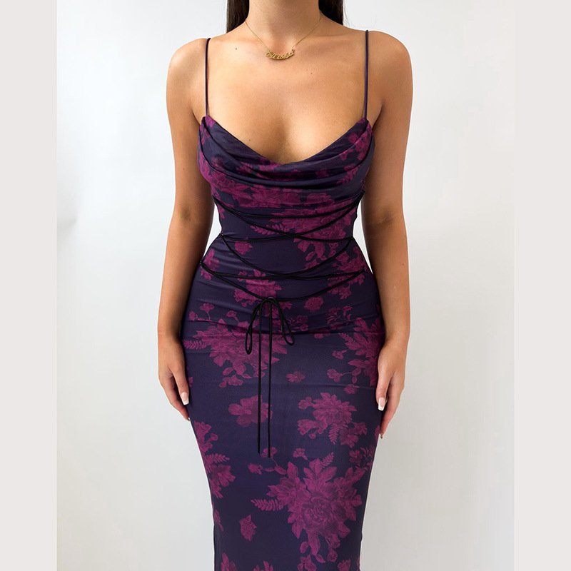 Hot Selling Elegant Silk Dress For Lady Sexy Ladies Floral Print Sleeveless Lace Up Bodycon Midi Dresses For Women