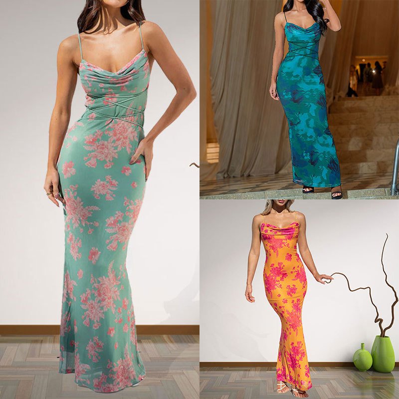 Hot Selling Elegant Silk Dress For Lady Sexy Ladies Floral Print Sleeveless Lace Up Bodycon Midi Dresses For Women