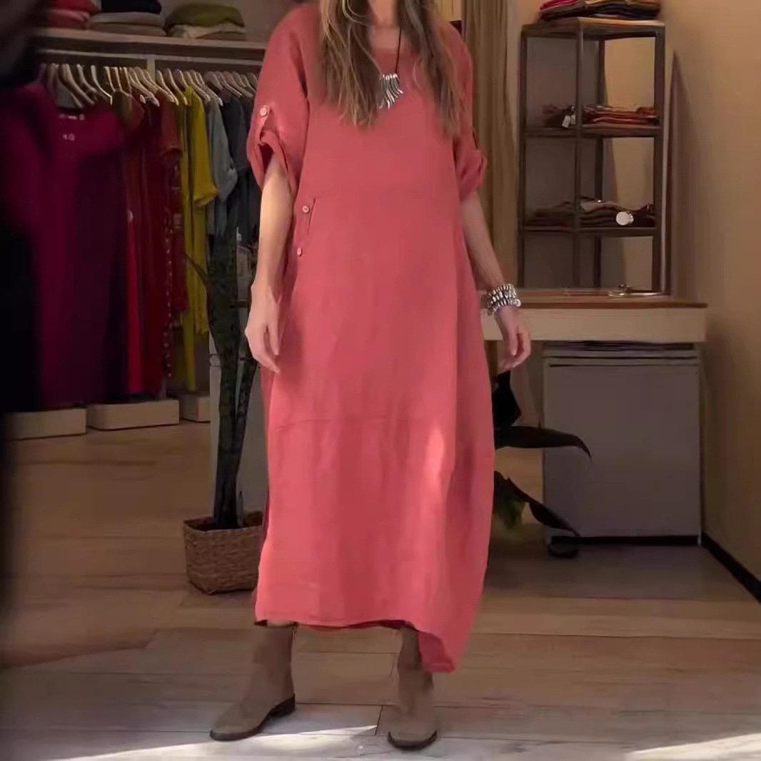New 2024 European and American women's summer style loose casual solid color short-sleeved cotton and linen dress