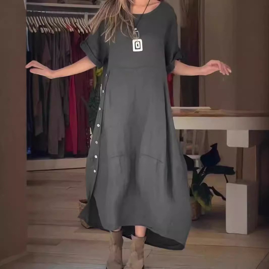 New 2024 European and American women's summer style loose casual solid color short-sleeved cotton and linen dress