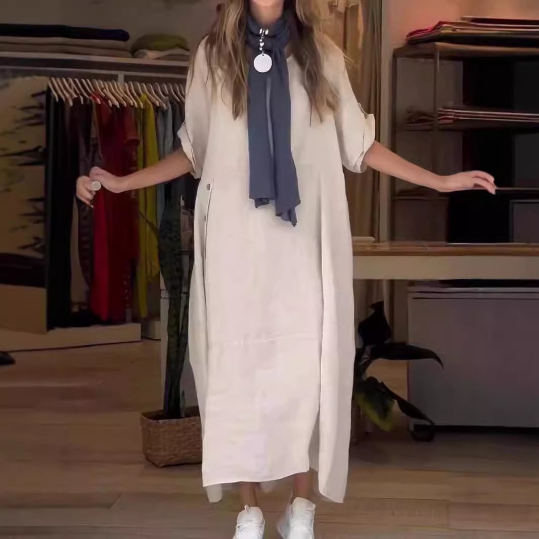 New 2024 European and American women's summer style loose casual solid color short-sleeved cotton and linen dress