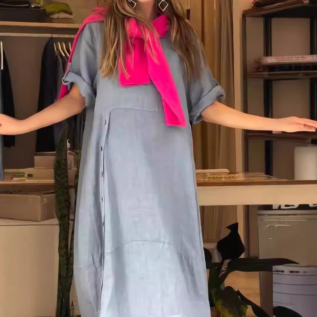 New 2024 European and American women's summer style loose casual solid color short-sleeved cotton and linen dress