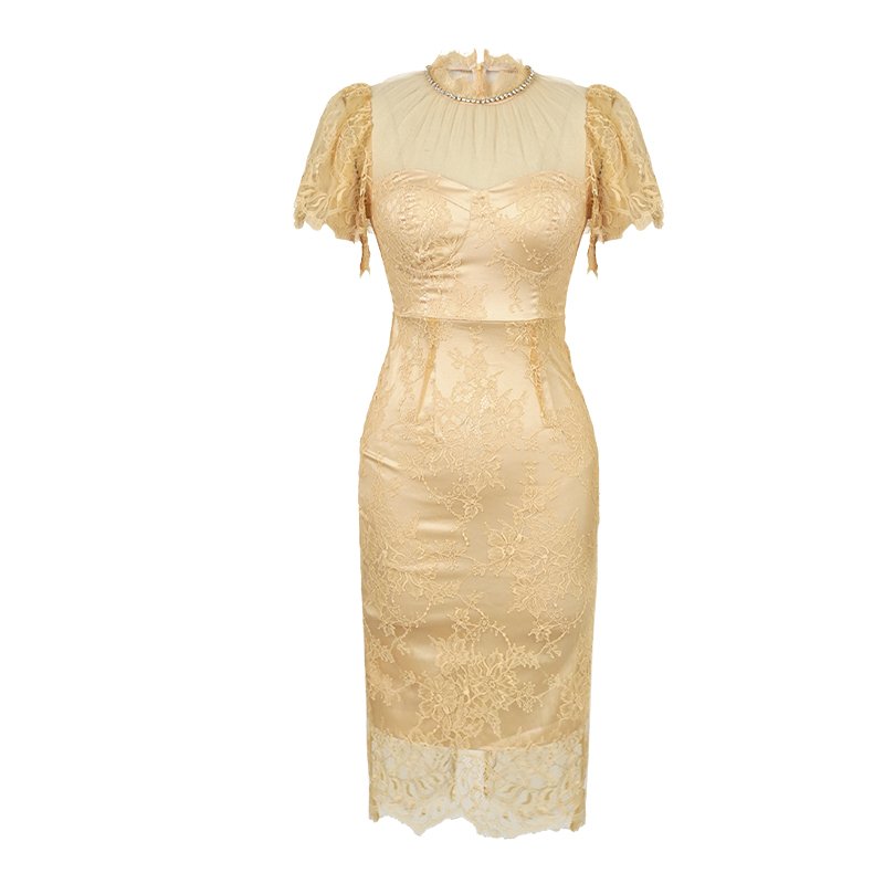 ZYHT 20497 Lace Stand Collar Sexy Wave Hem Sheer Slit Mini Dress Elegant Style Hollow Out Chiffon Mesh Casual Dress for Ladies