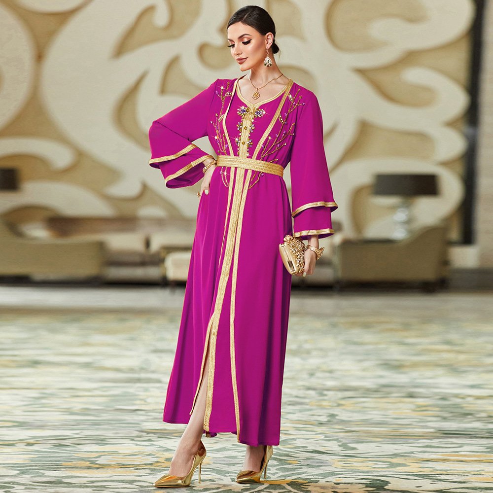 Luxury Crystal Abaya 2 Piece Set Dubai Formal Party Dress Fashion Hand Sewn Caftan Arab Dubai Abaya Women Tradition Muslim Dress