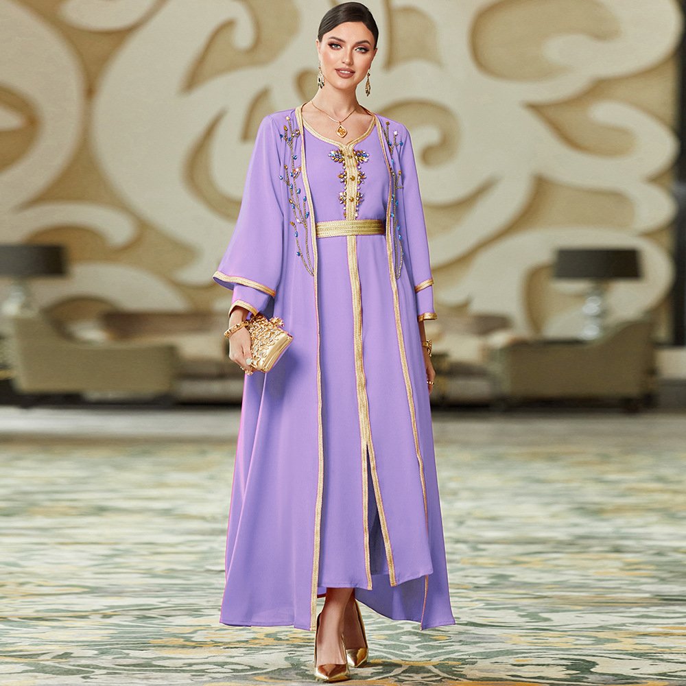 Luxury Crystal Abaya 2 Piece Set Dubai Formal Party Dress Fashion Hand Sewn Caftan Arab Dubai Abaya Women Tradition Muslim Dress