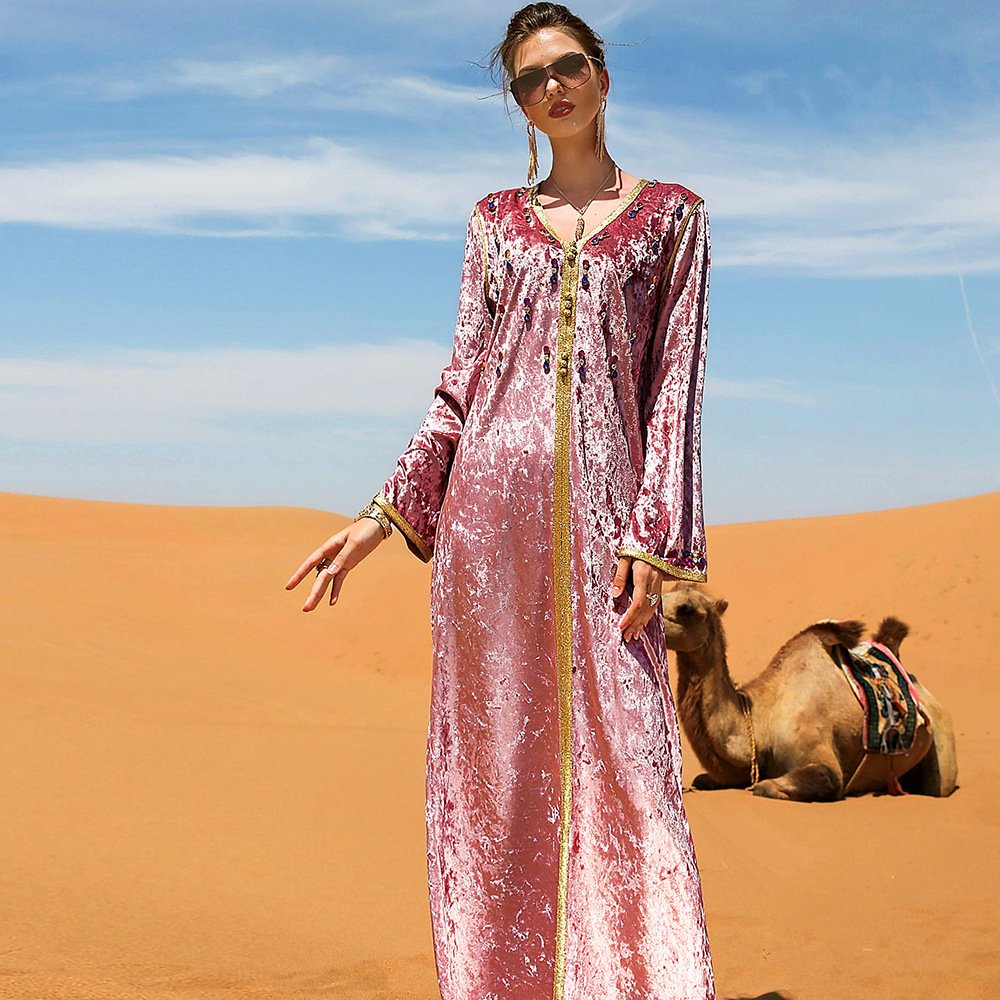 2190 Kuwii Wholesale palace style luxury hand-sewn diamond dress A-line skirt velvet burkha abaya muslim winter dress abaya