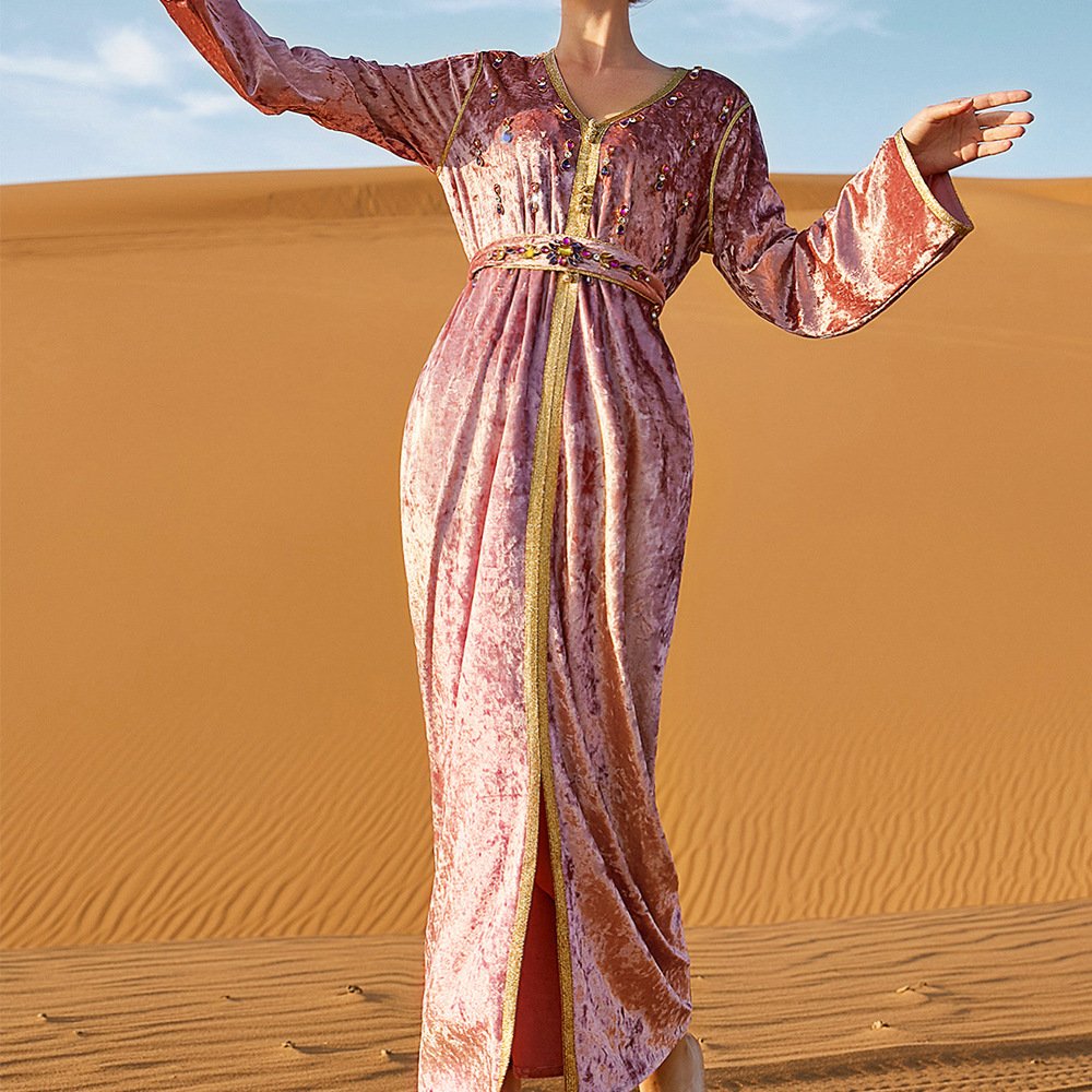 2190 Kuwii Wholesale palace style luxury hand-sewn diamond dress A-line skirt velvet burkha abaya muslim winter dress abaya