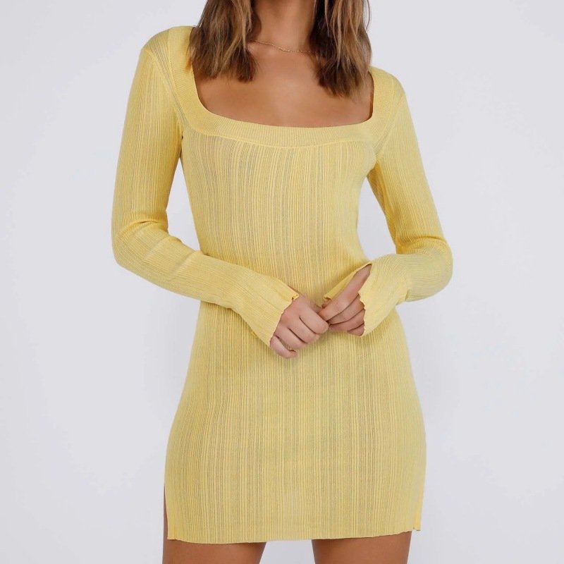 Square Collar Mid-Waist Long Sleeve Solid Color Casual Sexy Lemon Knitted Mini Side Split Slim Dress