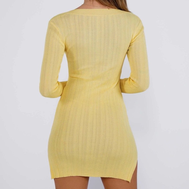 Square Collar Mid-Waist Long Sleeve Solid Color Casual Sexy Lemon Knitted Mini Side Split Slim Dress