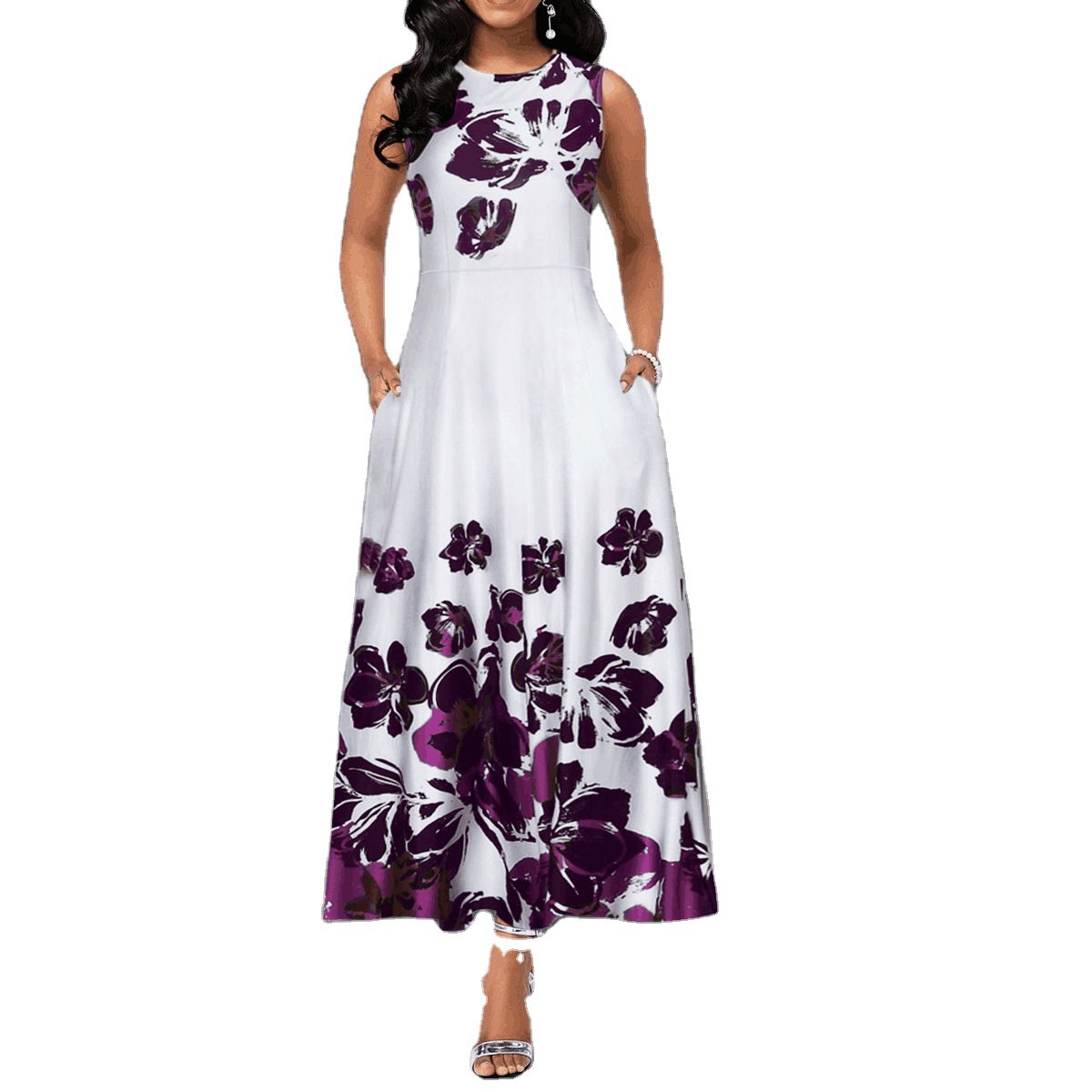 Women Fashion Summer Dresses Sleeveless O-neck Floral Printed Europe Style Lady Elegant A-line Casual Long Dress