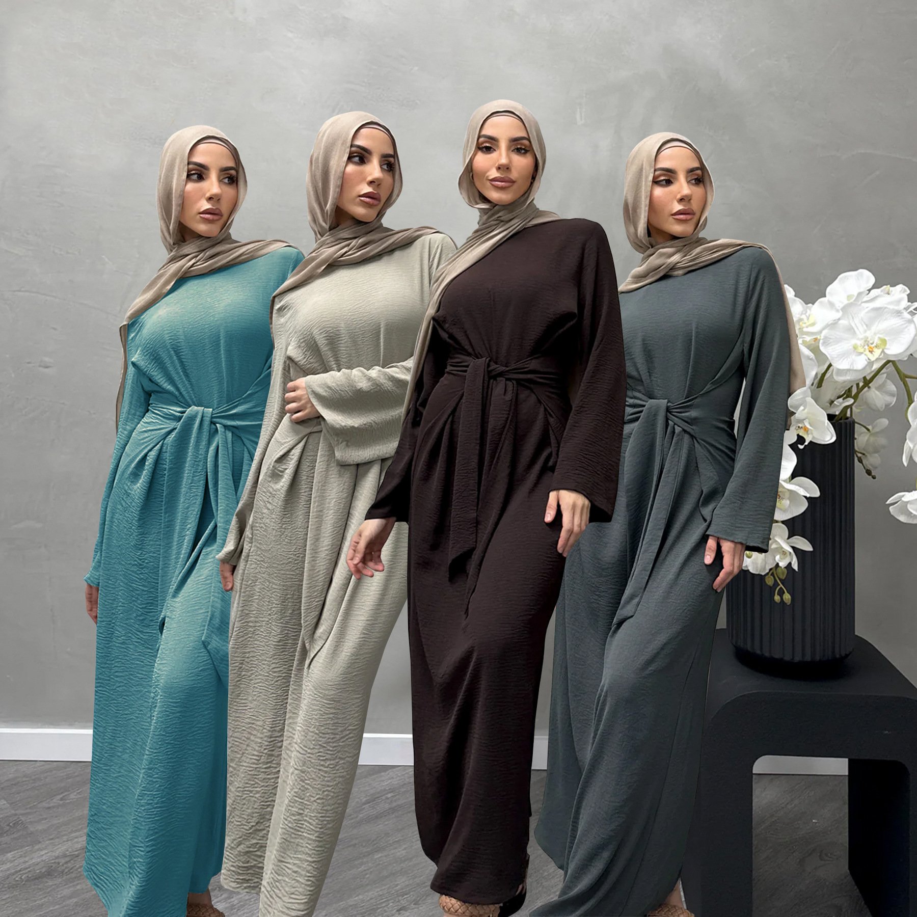Factory New Eid Modest Abaya Dubai Muslim Kaftan Belted Dress Islamic Clothing Abaya For Women Caftan Marocain Femme Vestidos