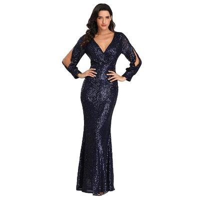 Women Ladies Elegant prom Dresses Party Sequin Long Sleeved Evening Dress Fishtail Mother Of Bride Wedding Casual Dress