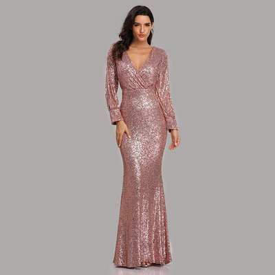 Women Ladies Elegant prom Dresses Party Sequin Long Sleeved Evening Dress Fishtail Mother Of Bride Wedding Casual Dress