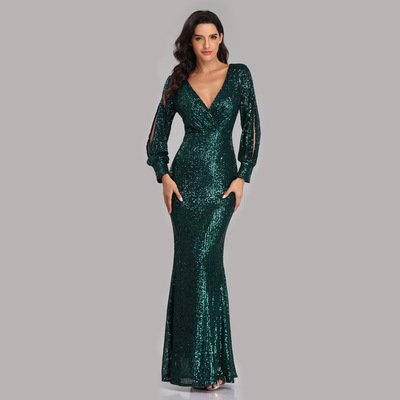 Women Ladies Elegant prom Dresses Party Sequin Long Sleeved Evening Dress Fishtail Mother Of Bride Wedding Casual Dress