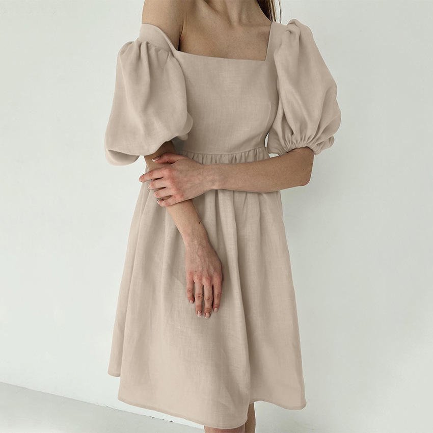 MANYLIYA summer new French fashion casual dress lantern sleeves square neck A-line cotton linen loose women's clothing