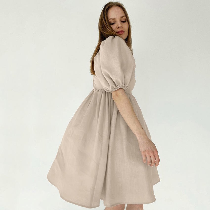 MANYLIYA summer new French fashion casual dress lantern sleeves square neck A-line cotton linen loose women's clothing