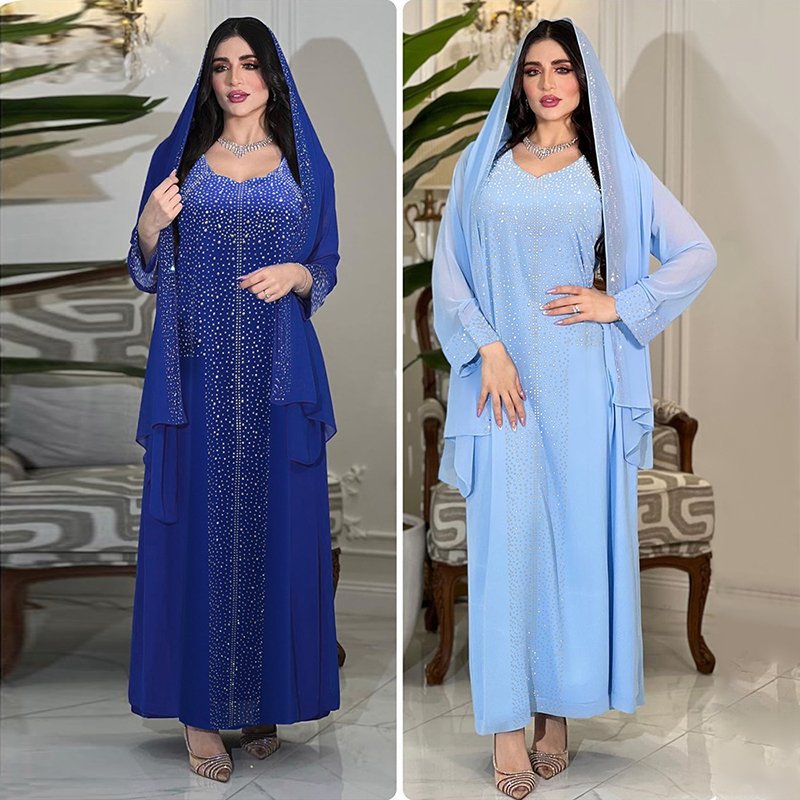 CY500198 Women Elegant Rhinestone Arabian Islamic Clothing Robe Femme Modest Kleid Abaya Dress With Scarf