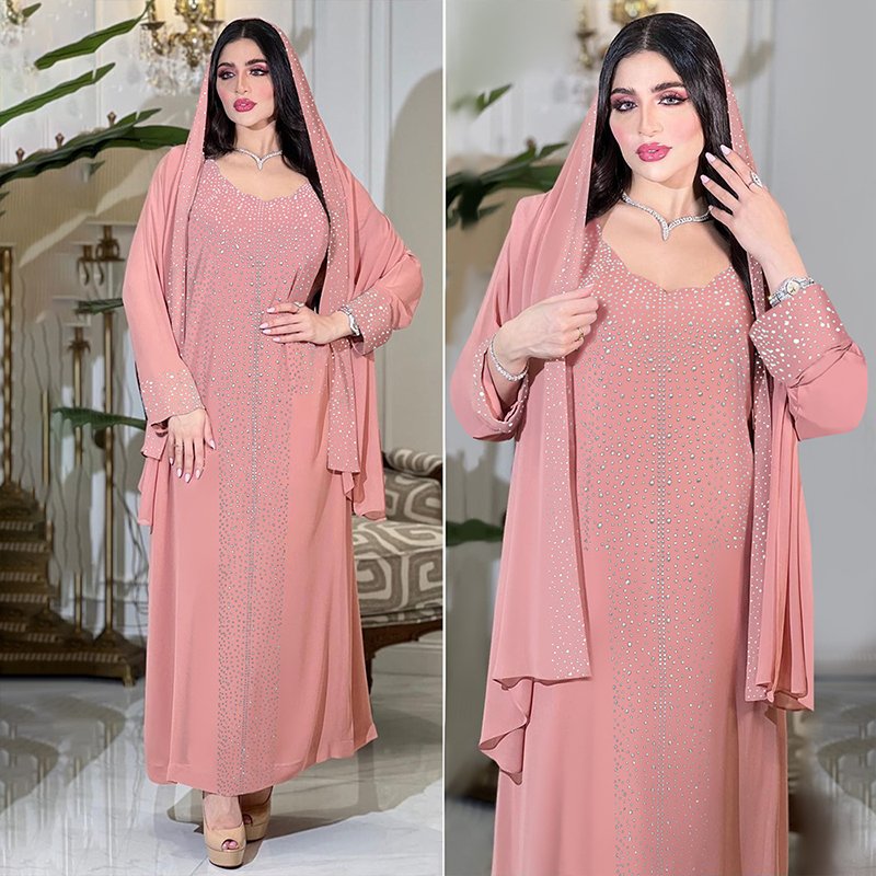 CY500198 Women Elegant Rhinestone Arabian Islamic Clothing Robe Femme Modest Kleid Abaya Dress With Scarf
