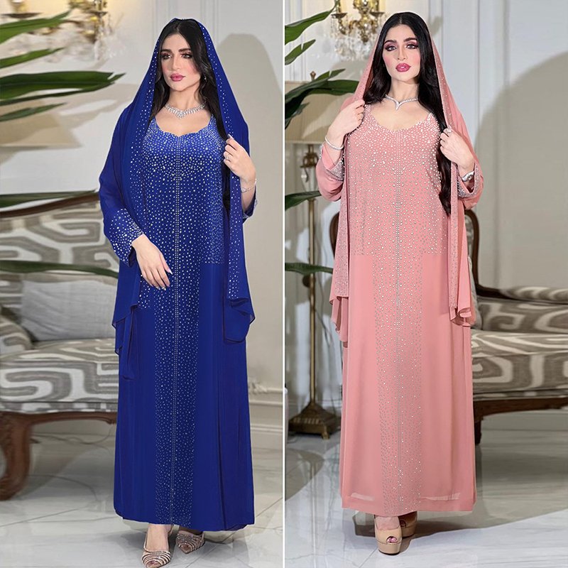 CY500198 Women Elegant Rhinestone Arabian Islamic Clothing Robe Femme Modest Kleid Abaya Dress With Scarf