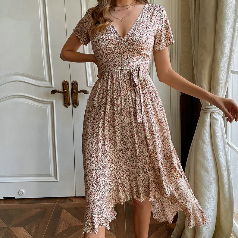 Floral Dress Short Sleeves v Neck Irregular High Waist Women Dresses Summer Ladies Floral Printed Casual Dresses With Ruffles