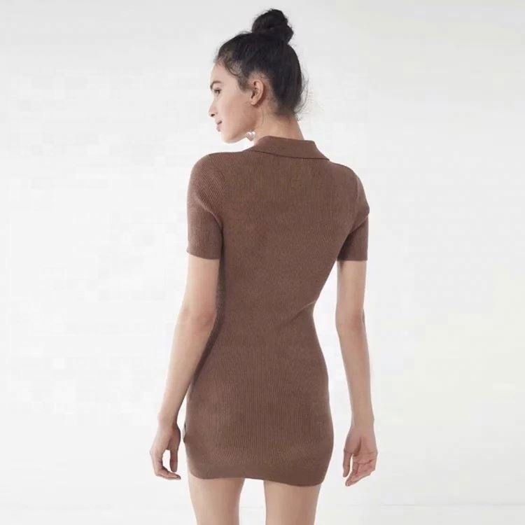 New Fashion Casual Solid Color Polo Collar Short Sleeve Sexy Knit Dresses Women