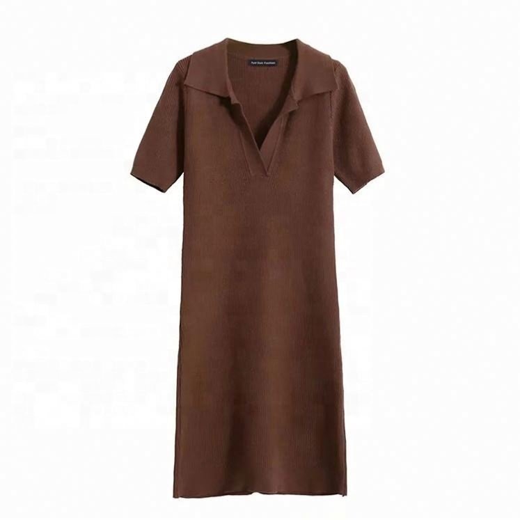 New Fashion Casual Solid Color Polo Collar Short Sleeve Sexy Knit Dresses Women
