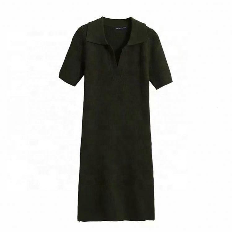 New Fashion Casual Solid Color Polo Collar Short Sleeve Sexy Knit Dresses Women