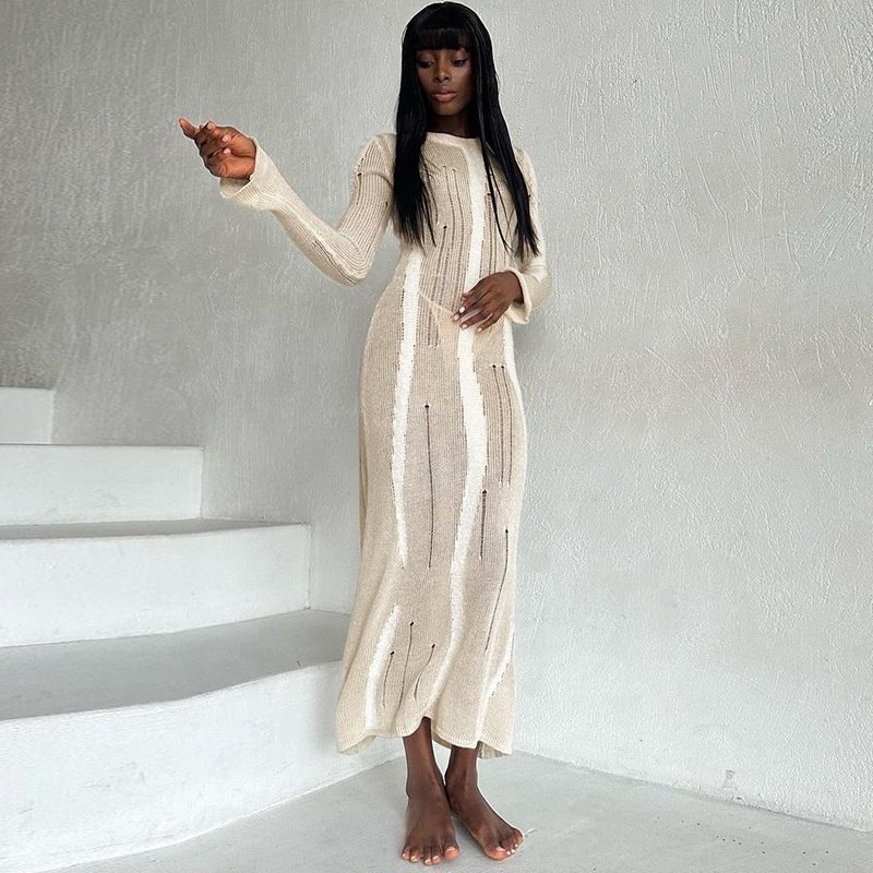 OUDINA Fashion Sexy Mesh Stitching Solid Color Casual Club Party Maxi Long Mesh Women Bodycon Dress