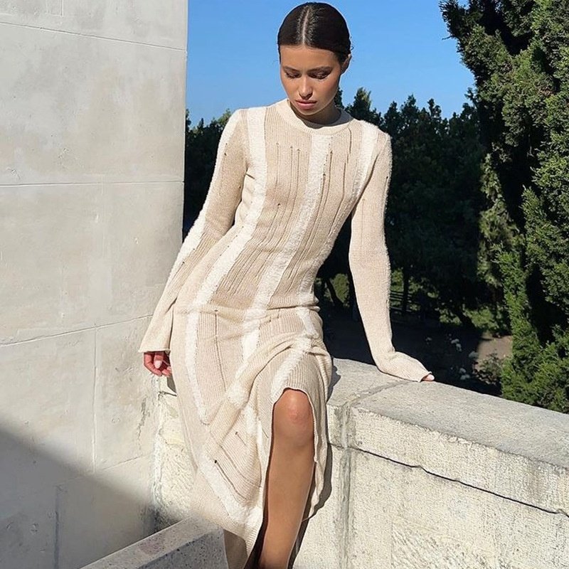 OUDINA Fashion Sexy Mesh Stitching Solid Color Casual Club Party Maxi Long Mesh Women Bodycon Dress