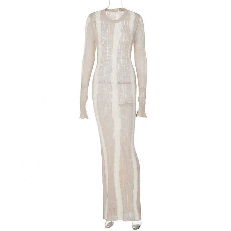 OUDINA Fashion Sexy Mesh Stitching Solid Color Casual Club Party Maxi Long Mesh Women Bodycon Dress