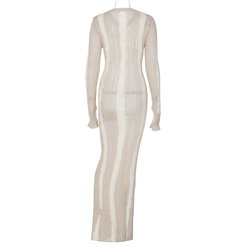 OUDINA Fashion Sexy Mesh Stitching Solid Color Casual Club Party Maxi Long Mesh Women Bodycon Dress