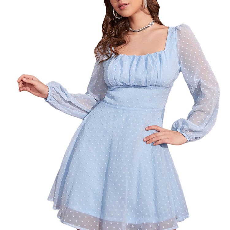 Fashion Mesh Square Neck Bishop Sleeve Dress custom designed casual bodycon corset short dresses women