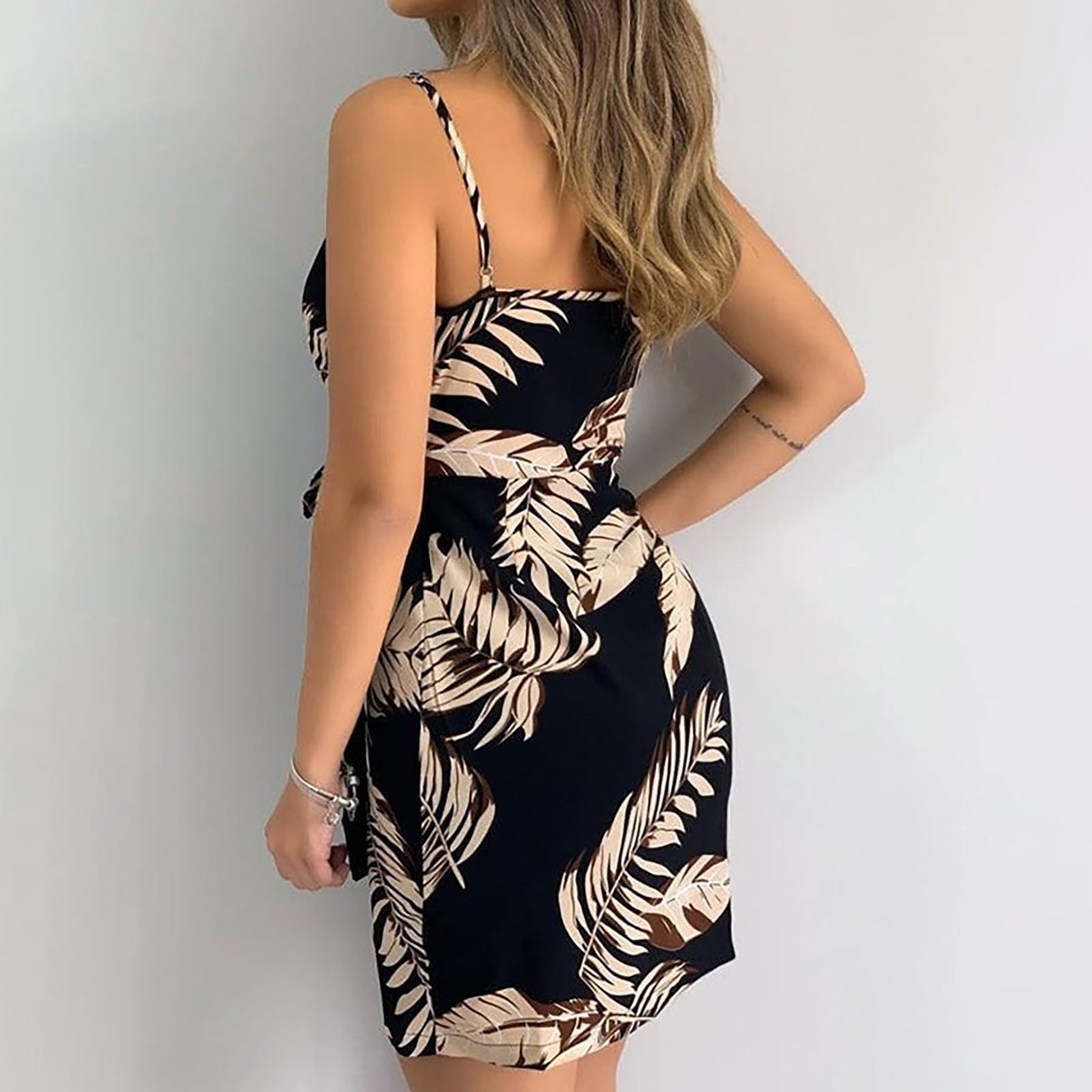 2022 New Arrival Tropical Print V-neck Wrap Casual Dress Women Sleeveless Summer Holiday Mini Dress