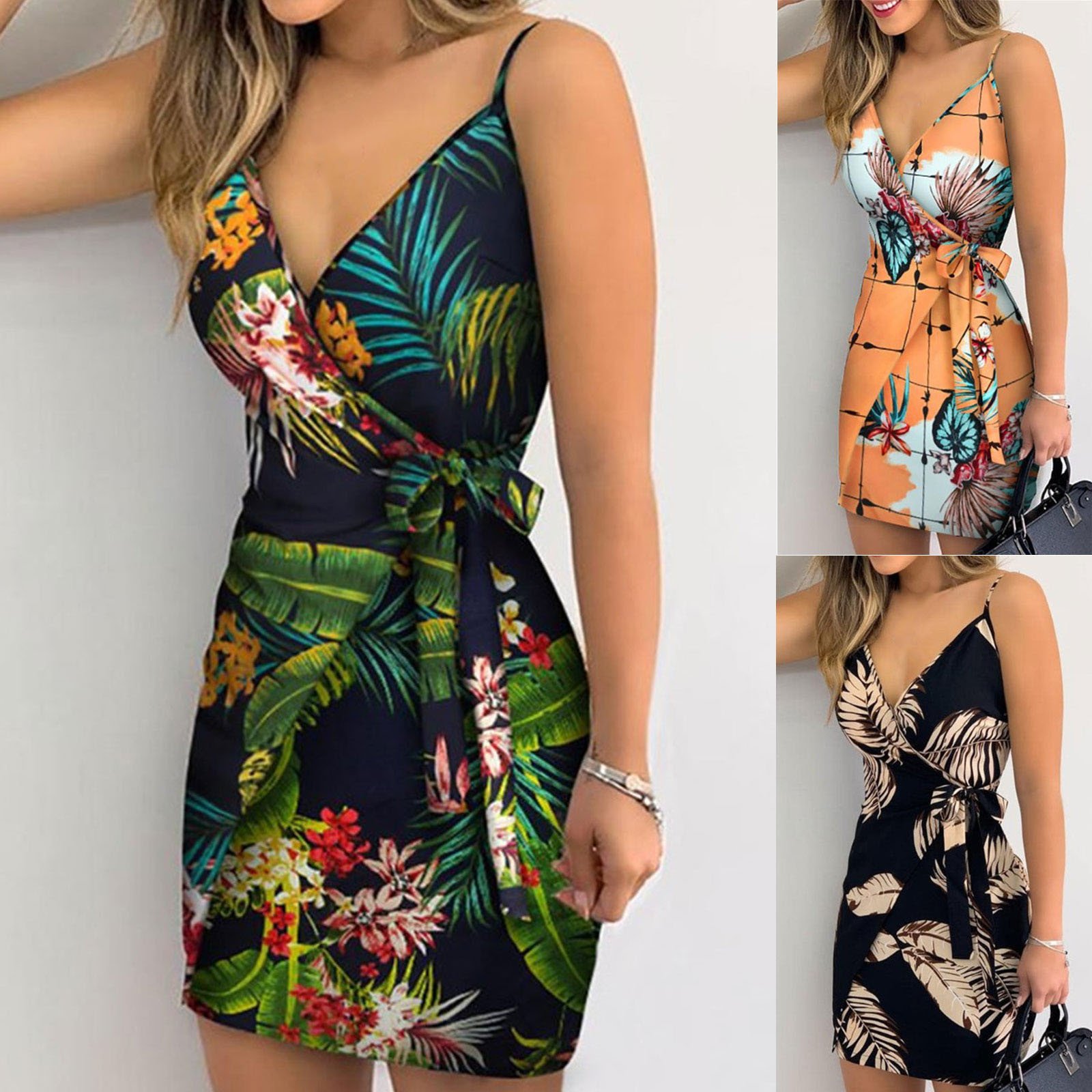 2022 New Arrival Tropical Print V-neck Wrap Casual Dress Women Sleeveless Summer Holiday Mini Dress