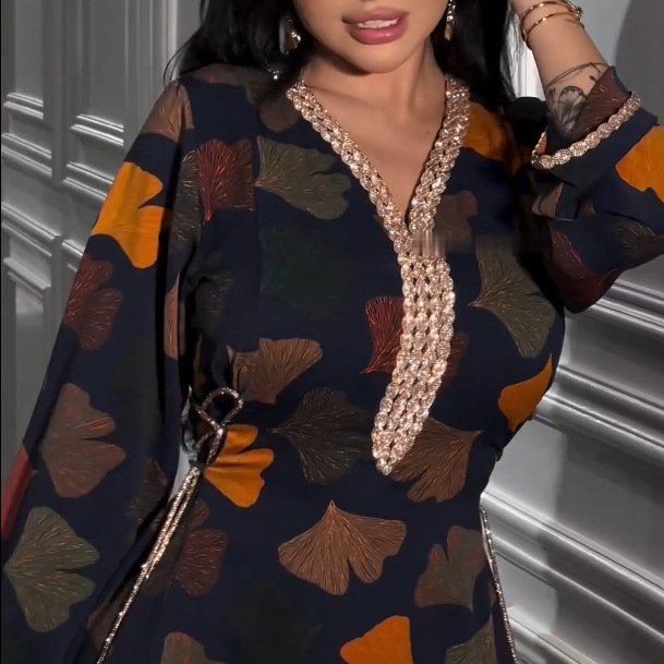 452 Floral Kaftan Long sleeve luxury abayas muslim women kaftan wholesale Casual dresses Islamic Clothing