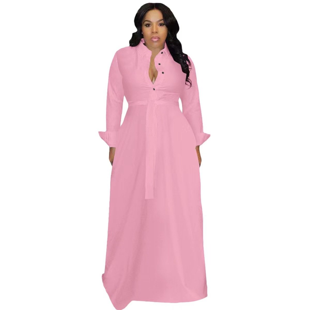 Yx9301 New Arrivals 2024 Ladies Casual Fall Dress Trendy Empire Slim Oversized Long Maxi Shirt Dress High Street Style