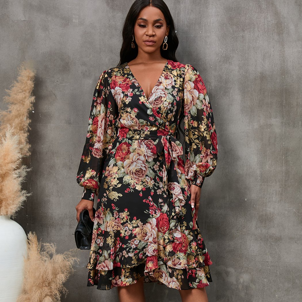 New Fashion Long Sleeve A-line Dress ladies print midi Sexy dress women deep V floral casual dress