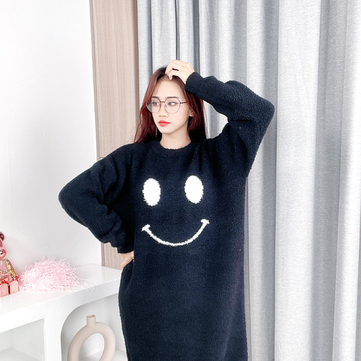 Simple design plus size knee - length long sleeve autumn women sweater dress for indoor outdoor