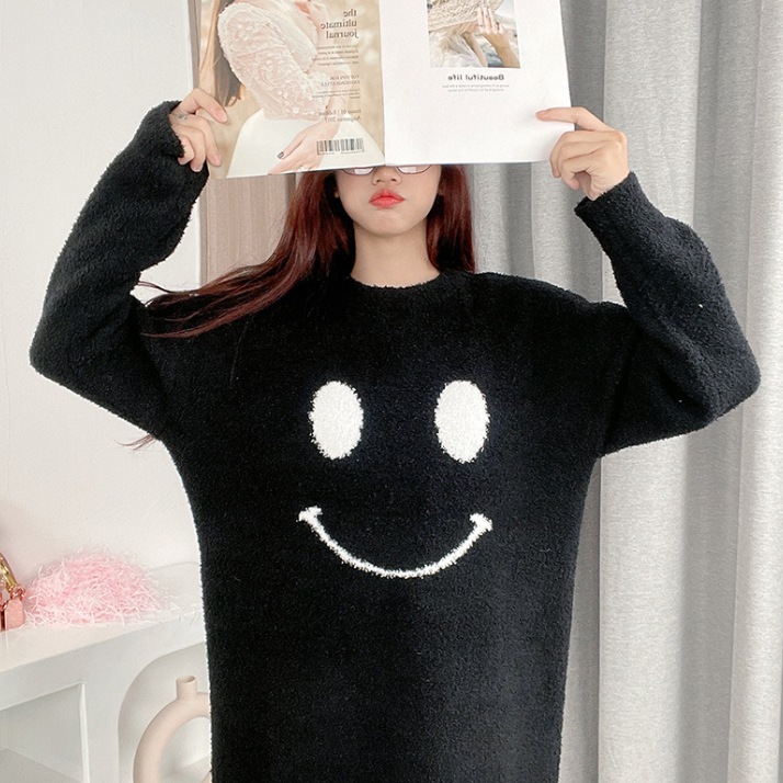 Simple design plus size knee - length long sleeve autumn women sweater dress for indoor outdoor