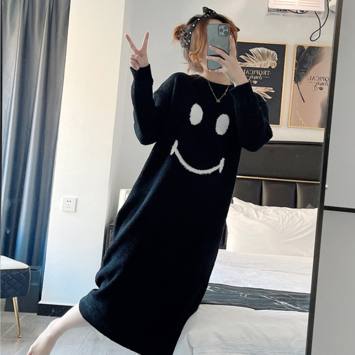 Simple design plus size knee - length long sleeve autumn women sweater dress for indoor outdoor