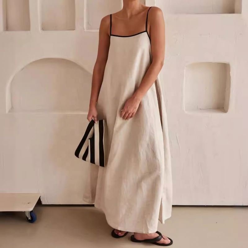 Simple Design Halter Women Collar Casual Midi Dresses Sling Sleeveless Women Cotton Linen Ladies Long Dress
