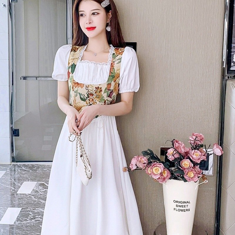 French Retro Style Square Neck Gentle Temperament Bubble Sleeve Women's Summer Dress Slim Elegant Casual Dress