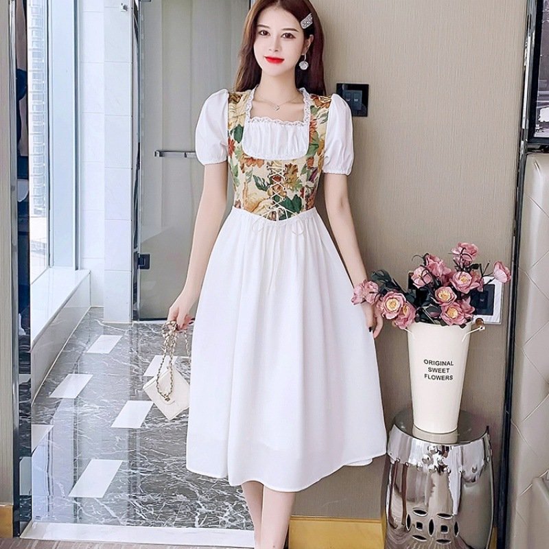 French Retro Style Square Neck Gentle Temperament Bubble Sleeve Women's Summer Dress Slim Elegant Casual Dress
