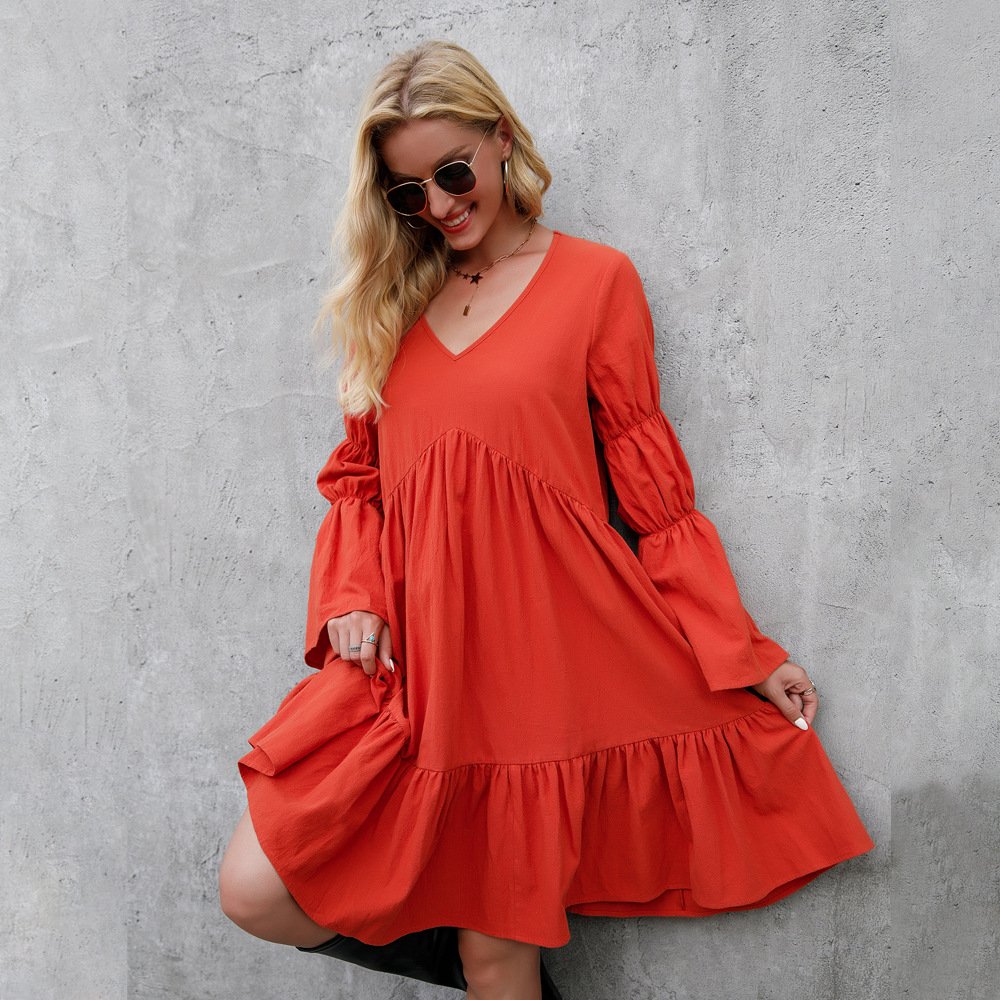 Fashion Boho Solid Color Balloon Sleeve Lace Up Dress Ladies Resort Style Ruffled Pleated Dress